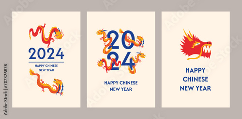 Set of new year greeting cards with asian dragons. Chinese new year of the dragon 2024. Vector illustration