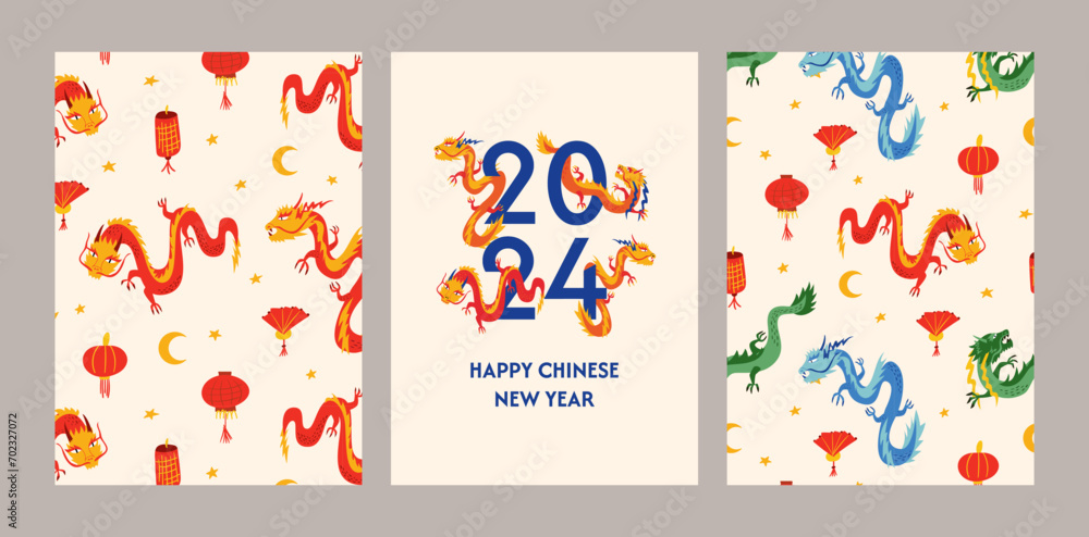 Set of new year greeting cards with asian dragons and lanterns. Chinese new year of the dragon. Vector illustration Set of new year greeting cards with asian dragons and lanterns. Chinese new year of the dragon. Vector illustration