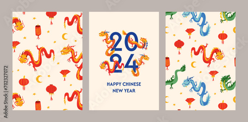 Set of new year greeting cards with asian dragons and lanterns. Chinese new year of the dragon. Vector illustration