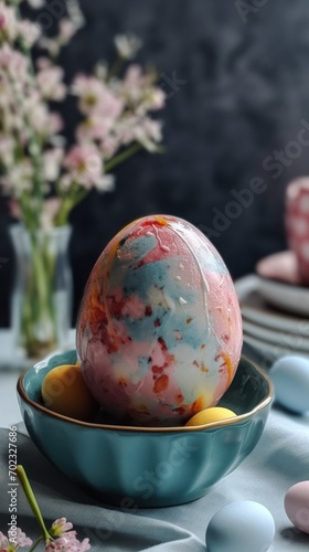 Easter cake ::1 marble fluid art Easter eggs ::1 cherry and tulips blossom in vase ::1 festive food setting morning breakfast --ar 9:16 --stylize 750 --v 5 Job ID: a44a8c99-7558-4791-8430-6cba6049bb4d