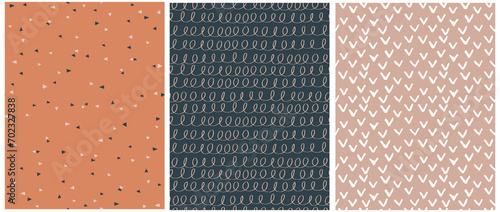 Abstract Hand Drawn Childish Drawing-like Vector Patterns. White lines with Loops, Triangles and Spots on a Beige, Pale Black and Terra Cotta Background. Modern  Irregular Geometric Seamless Pattern.