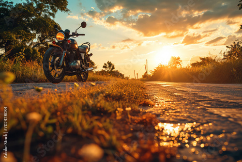 Silhouette of biker and motorcycle with sunset