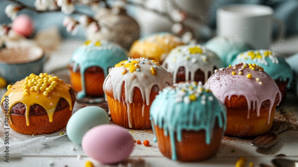 Easter Cakes and Pastel Eggs.
Assortment of Easter cakes and pastel-coloured eggs on a wooden table.