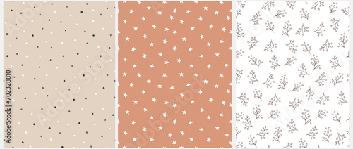 Abstract Hand Drawn Childish Drawing-like Vector Patterns. Zig Zags, Tiny Dots and Twigs on a White, Beige and Terra Cotta Brown Background. Modern Irregular Geometric and Floral Seamless Patterns.