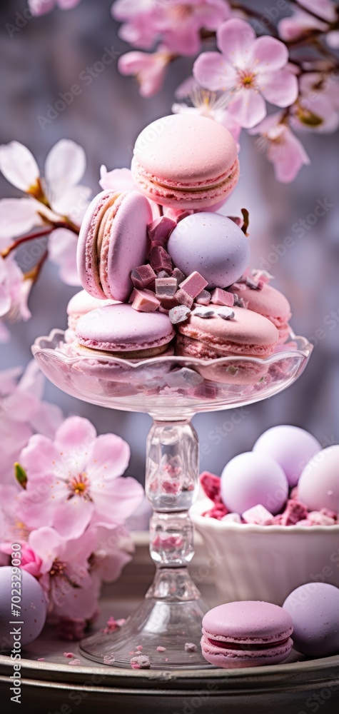 Macarons with Cherry Blossoms.
Delicate macarons arranged amidst cherry blossoms in a glass stand. Macarons with Cherry Blossoms.
Delicate macarons arranged amidst cherry blossoms in a glass stand.