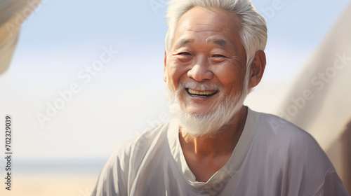 An elderly Asian man with a white beard, smiling warmly in a serene beach setting, exuding peace and contentment.