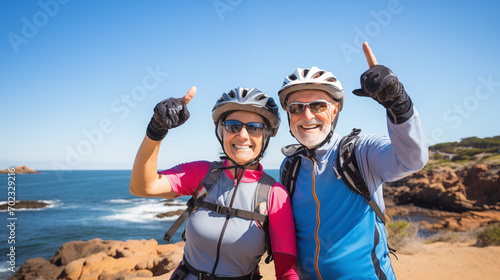 Two joyful senior cyclists with helmets giving thumbs up on a coastal trail under a clear blue sky.