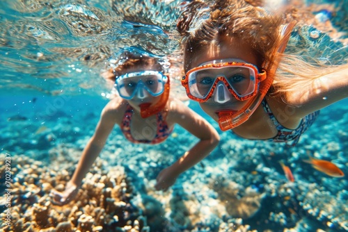happy kids in a swimming masks, swimming underwater at blue sea with corals and fishes, closeup view