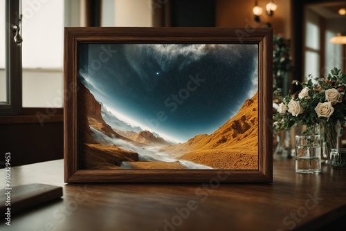 Frame mockup Living room wall poster mockup Modern interior design  Like a portal into a different reality where anything is conceivable, the table's frame