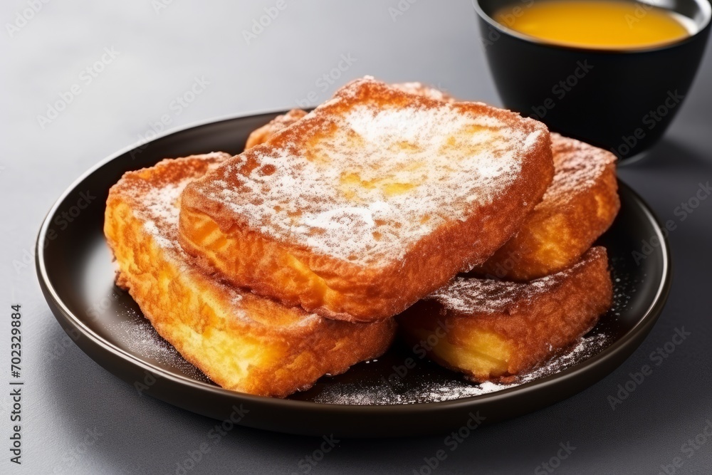 Traditional Spanish dessert Torrijas. Heap of a deep fried sweet bread on a brown plate Traditional Spanish dessert Torrijas. Heap of a deep fried sweet bread on a brown plate