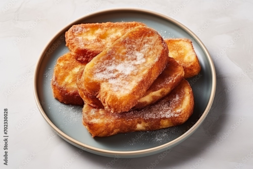 Traditional Spanish dessert Torrijas. Heap of a deep fried sweet bread on a blue plate Traditional Spanish dessert Torrijas. Heap of a deep fried sweet bread on a blue plate