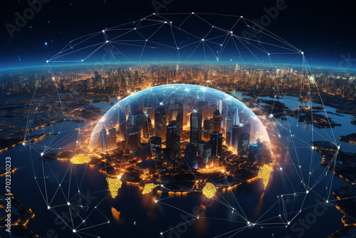 Global network connection covering earth with link of innovative perception . Concept of international trading and digital investment, 5G global wireless connection and future of internet of things