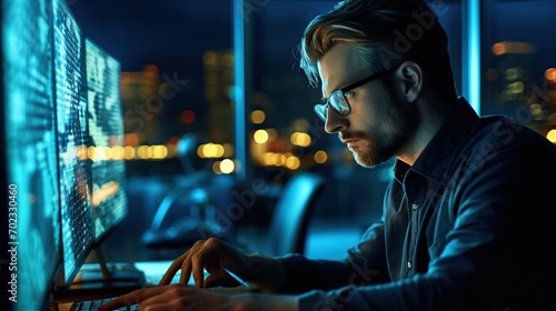 businessman is focused on working on a work report in front of the computer