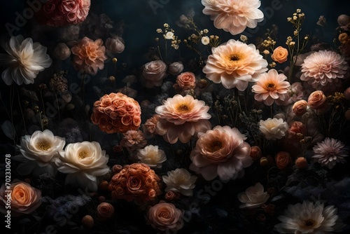 Picture an ethereal scene where an array of flowers come together in an elegantly composed bouquet. 