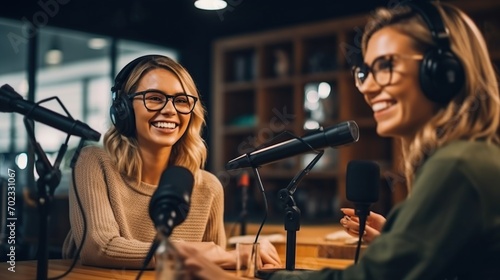 Two women are doing a podcast in a podcast studio, each using a microphone