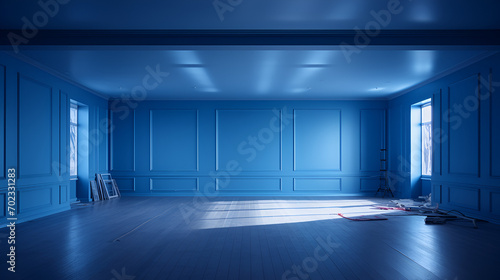 Interior of a building empty blue modern room with windows