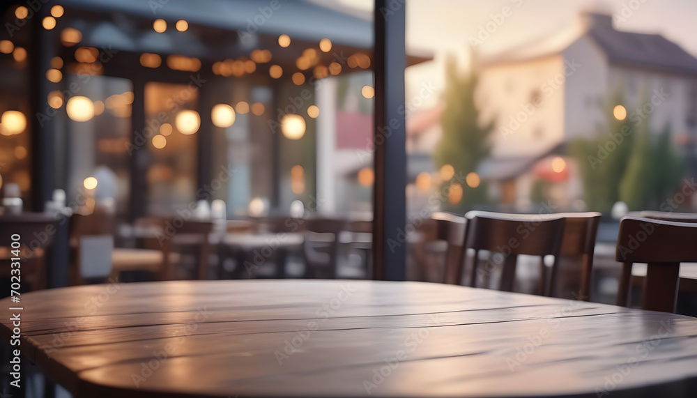 Lofty chill restaurant with wooden table and Depth of field , blurred background