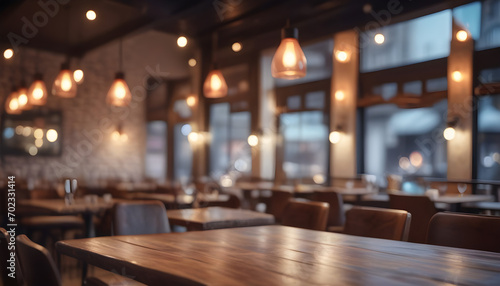 Lofty chill restaurant with wooden table and Depth of field , blurred background photo
