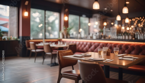Lofty chill restaurant with wooden table and Depth of field   blurred background