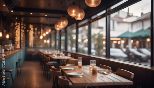 Lofty chill restaurant with wooden table and Depth of field , blurred background