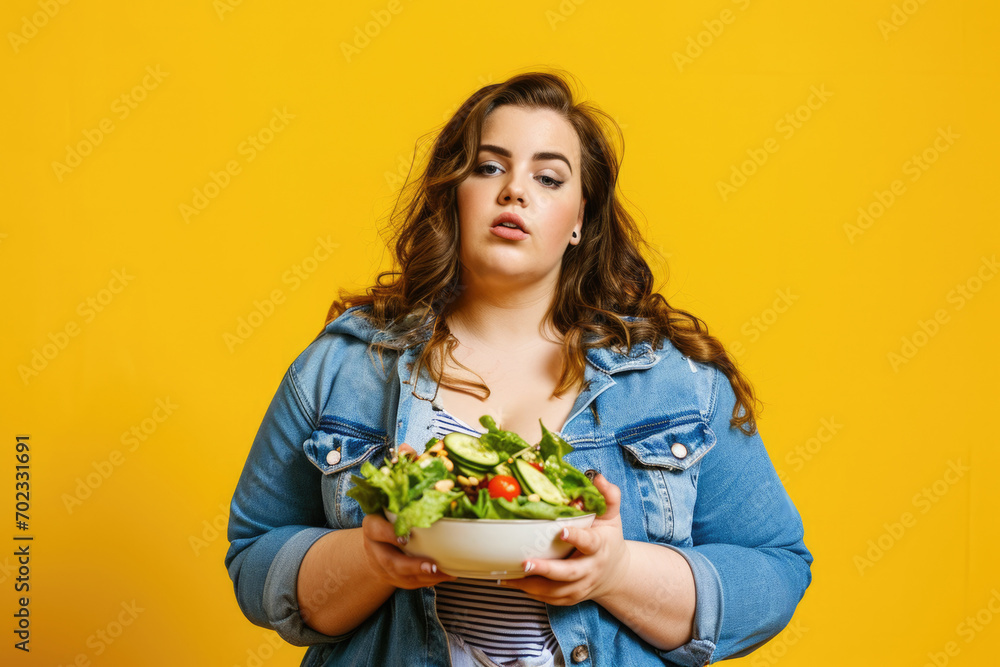 Very full girl eating salad on yellow background, healthy food with space for your text