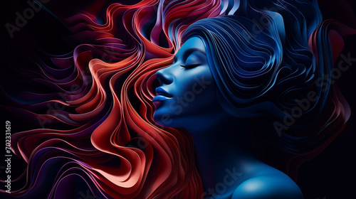 Sinnliches Portrait einer blauen Frau mit geschlossenen Augen vor rotem geometrischen Wellen-Hintergrund. Profil. Abstrakte Illustration