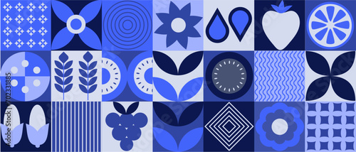 Abstract geometric food pattern. Natural vegetable fruit plants simple shapes, agriculture concept. Vector illustration. Bauhaus.