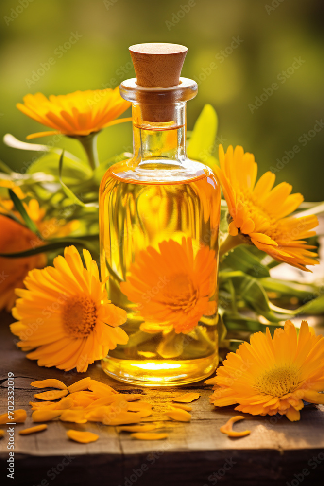 bottle, jar of calendula essential oil extract bottle, jar of calendula essential oil extract