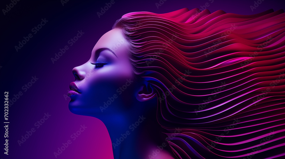 Abstraktes Portrait einer Frau mit roten beleuchteten 3D-Wellen-Formen als Frisur. Profil. Illustration Abstraktes Portrait einer Frau mit roten beleuchteten 3D-Wellen-Formen als Frisur. Profil. Illustration