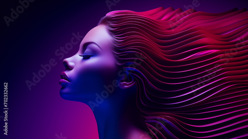 Abstraktes Portrait einer Frau mit roten beleuchteten 3D-Wellen-Formen als Frisur. Profil. Illustration