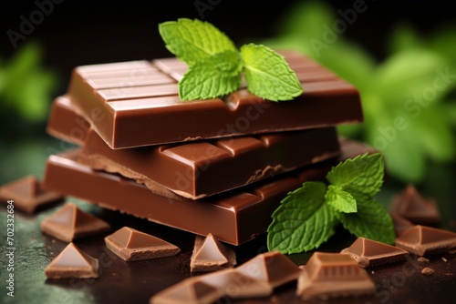 A heap of pieces of milk chocolate with tasty paste and mint leaves