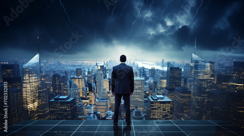 Businessman Conquering Obstacles : A Determined Visionary Standing on Top of a Downtown Skyscraper at Night, Amidst Thunder, Lightning, It is like overcoming various challenges to become successful.