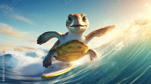 Funny turtle standing on surfboard on sea wave. Cute cartoon turtle