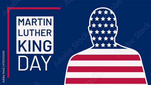 MLK Day. Martin Luther King American Greeting Banner with typography, flag and stars сelebration in January. Daydream vector illustration on dark blue background.  