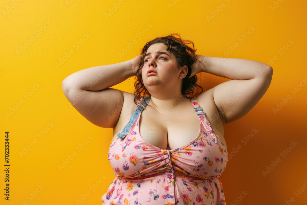Fat girl surprisingly puts her hands up in the air on a coloured background, overweight Fat girl surprisingly puts her hands up in the air on a coloured background, overweight