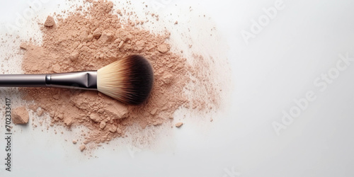 Makeup brush with powder mockup banner with copy space, plane grey background photo