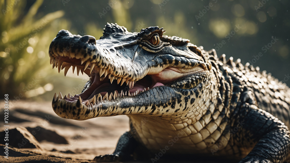 Obraz premium Close up of a crocodile with open jaws. Generative Ai