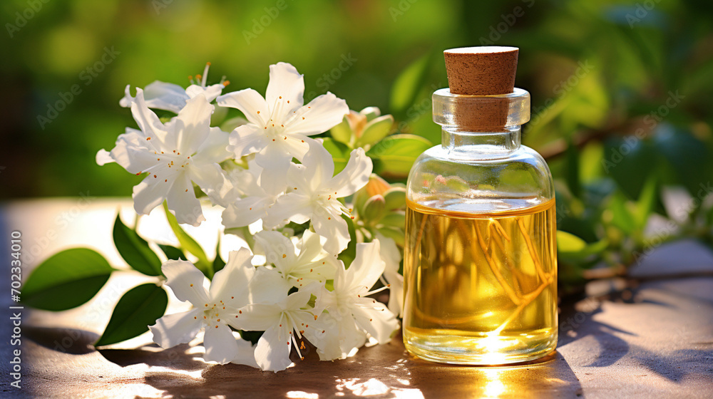 bottle, jar with jasmine essential oil extract bottle, jar with jasmine essential oil extract