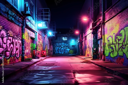 Urban alley at night, featuring graffiti-covered walls illuminated by neon lights, against a gradient sky with city glow.