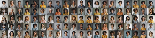 100 diverse happy women portraits, a lot of different people female faces collage. A hundred of smiling businesswomen, many african, asian and european ladies set montage mosaic beauty network. photo