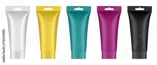 Purple, black, green, yellow and white tubes with hanging holes. Rainbow palette of acrylic paint in plastic tubes. Liquid watercolor. Oil paint or gouache. Tempera. Hand cream, mask or lotion.
