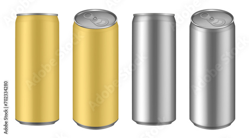 Set of yellow and silver tin cans of energy drink, juice or soda. Cocktail or fitness drink. Cold beverages. Can top view