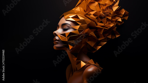 Abstraktes Portrait einer Frau mit goldenen geometrischen Formen um den Kopf. Illustration vor schwarzem Hintergrund photo