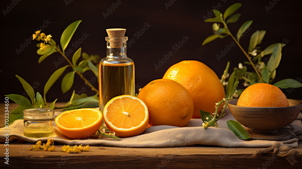 bottle, jar with orange essential oil extract bottle, jar with orange essential oil extract