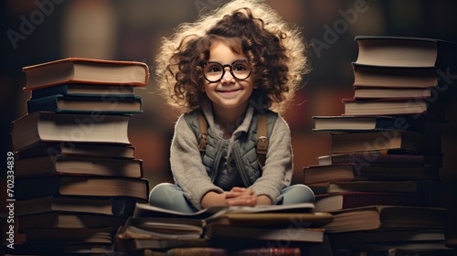 Happy little girl with reading glasses Sitting on top of stacked old books photo