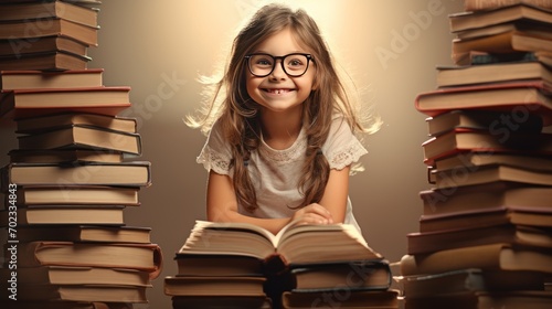 Happy little girl with reading glasses Sitting on top of stacked old books photo