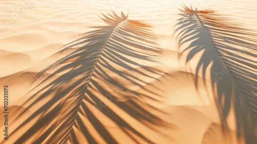Shadows of palm leaves on sand, flat top view with copy space. photo