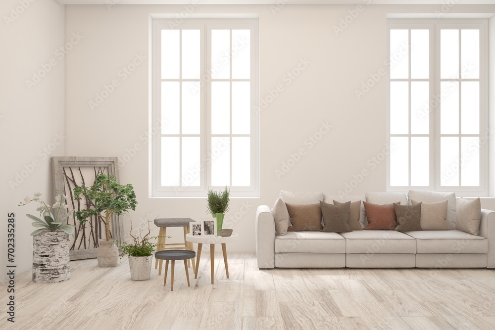 Fototapeta premium White scandinavian interior design with sofa. 3D illustration