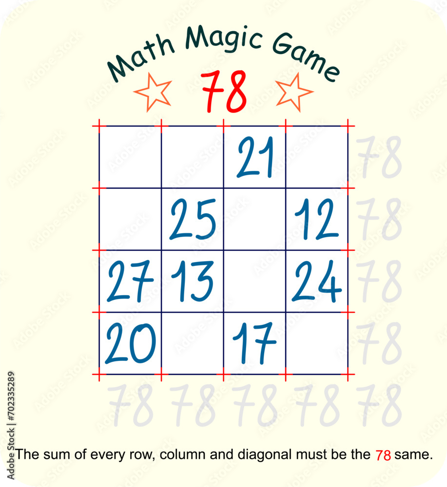 Magic math game. (Magic square) Recreational mathematics and educational series vector illustration. Magic math game. (Magic square) Recreational mathematics and educational series vector illustration.