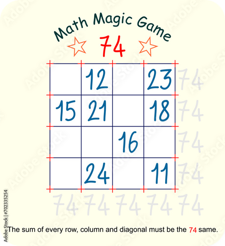 Magic math game. (Magic square)  Recreational mathematics and educational series vector illustration.